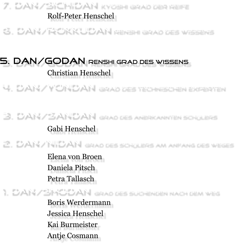 7. Dan/Sichidan Kyoshi Grad der Reife Rolf-Peter Henschel 6. Dan/Rokkudan Renshi Grad des Wissens   5. Dan/Godan Renshi Grad des Wissens Christian Henschel 4. Dan/Yondan Grad des technischen Experten  3. Dan/Sandan Grad des anerkannten Sch�lers Gabi Henschel 2. Dan/Nidan Grad des Sch�lers am Anfang des Weges Elena von Broen Daniela Pitsch Petra Tallasch 1. Dan/Shodan Grad des suchenden nach dem weg Boris Werdermann Jessica Henschel Kai Burmeister Antje Cosmann